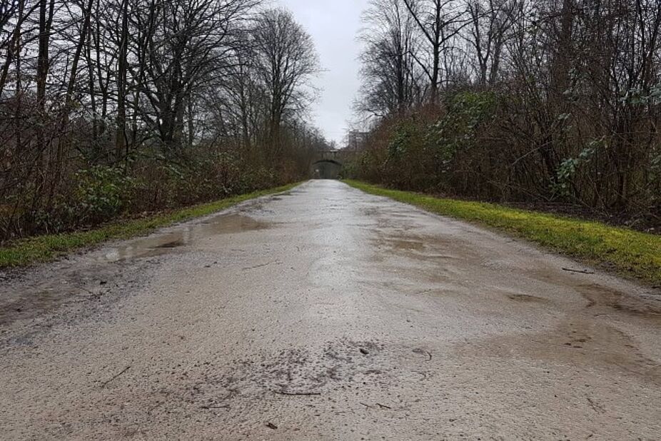 Die Wegedecke der Grugatrasse entlang des Borbecker Mühlenbachs, hier eine Aufnahme aus dem Februar 2020, musste erneuert werden.