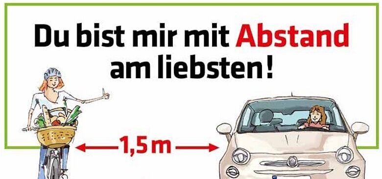 Werbung für Überholabstand Werbeplakat Auto überholt Radfahrerin mit 1,5 m Abstand