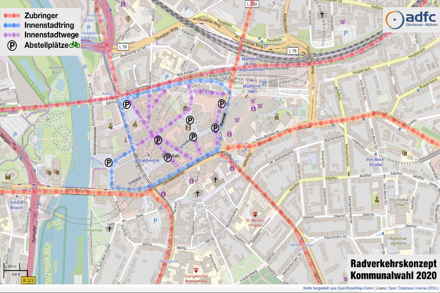 Eine Karte der Innenstadt von Mülheim mit einem wünschenswerten Radwegenetz